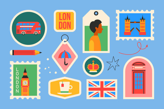 Travel to London modern stickers and stamps design in trendy geometrical style. Template for greeting cards, banner and background