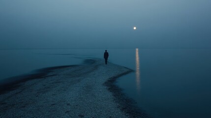 Solitary Figure Walking on Serene Path Near Water Under Moonlight
