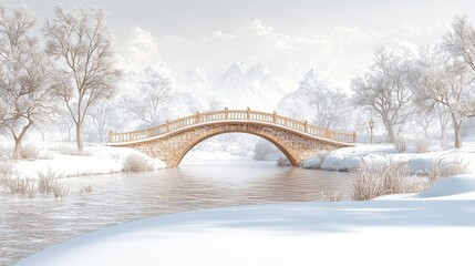Serene Winter Landscape with Bridge, Snow-Covered Trees, and Frozen River in Soft Light