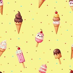 seamless summer pattern with ice creams on yellow background