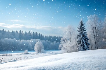 Fototapeta premium Snowy winter forest landscape with falling snow. Peaceful winter scene with snow-covered trees and a forest backdrop, under a clear blue sky as snowflakes gently fall