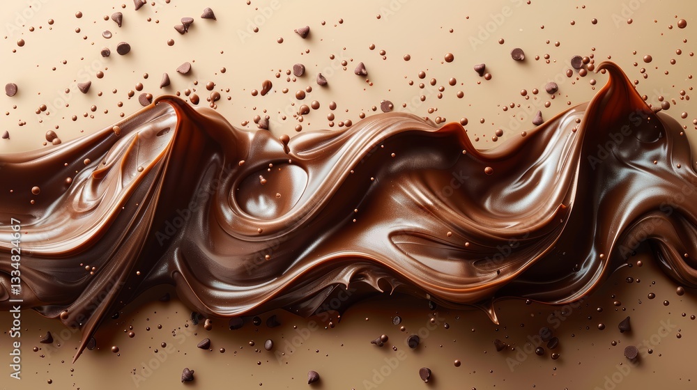 Poster indulgent dark chocolate wave cascading down with scattered chocolate chips against a soft beige bac
