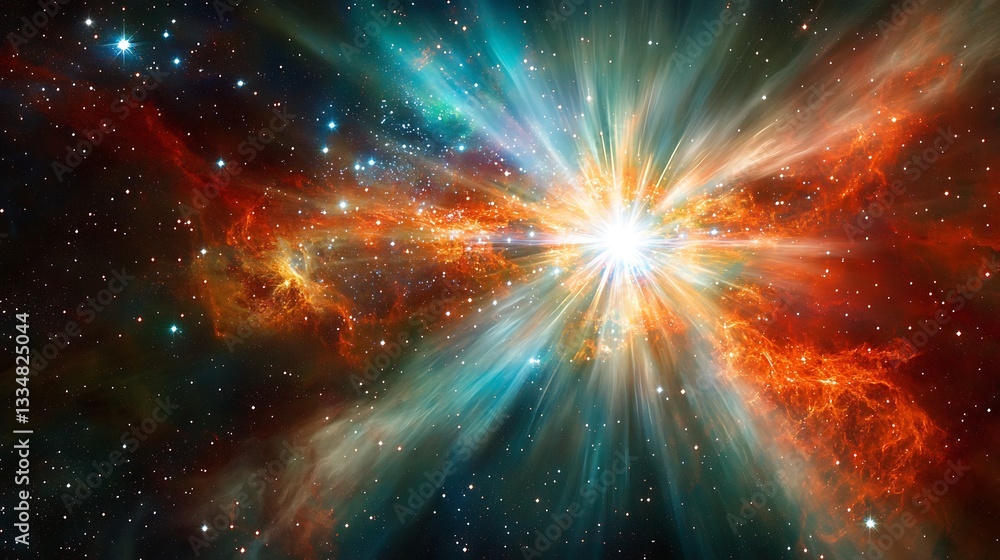 Poster cosmic scene of a pulsar emitting energy waves in deep space.