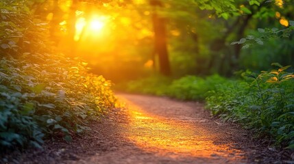 Obraz premium Golden Sunset Path Through Lush Forest