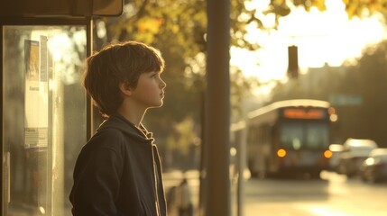 Young Boy Waiting at City Bus Stop During Golden Hour Light