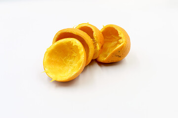 Orange juice. Orange peels after squeezing.