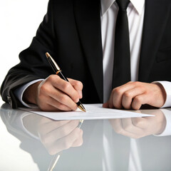 lawyer writing contract with fountain pen on reflective surface. focus is on hands and pen, conveying professionalism and attention to detail