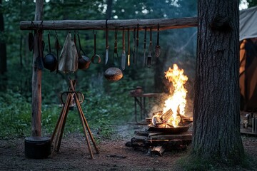 Bowhunting,archery hunting,hunting with bow.A bushcraft camp at dusk, featuring a blazing fire, a handmade cooking tripod, and survival tools hanging from a wooden rack