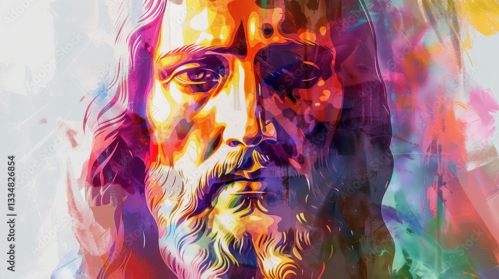 Poster intense and colorful digital portrait of a bearded man with a long beard, presented in an abstract p