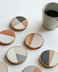 Concrete coasters with geometric inlays of black and brown sit on a white surface. The neutral colors and unique design make the coasters decorative.
