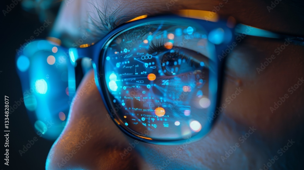 Poster intense close-up of an eye and eyeglasses reflecting a complex digital interface displaying data and