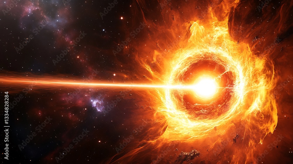 Poster cosmic scene of a pulsar emitting energy waves in deep space.