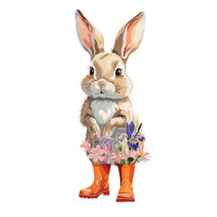 Easter bunny in watercolour style. Happy esater concept. Rabbit in boots and spring flowers. 