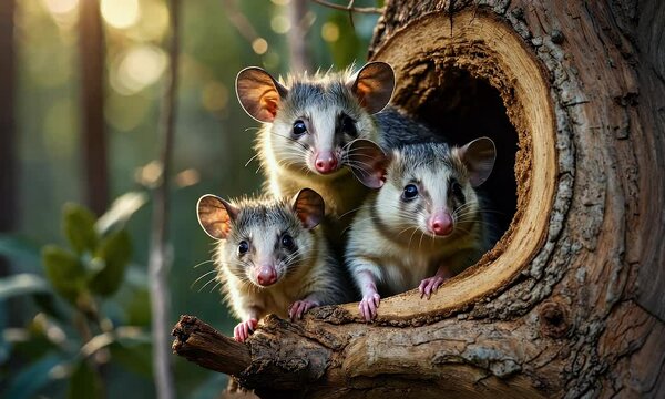 Three opossums peeking out from a tree hollow in a forest setting.