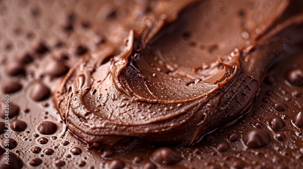 Poster intense close up of luscious dark melted chocolate with scattered drops and glossy texture creating 