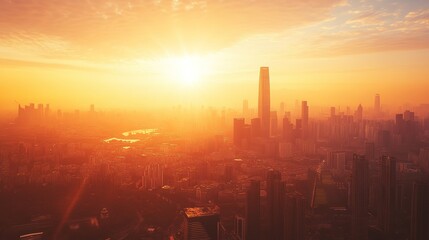 Fototapeta premium Golden Sunset Over Modern Cityscape, A Moment of Urban Tranquility 