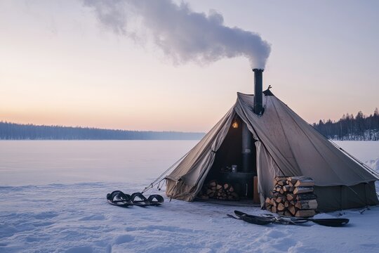 Hot stove tent,heated tent,camping stove.A hot tent setup by a frozen lake, with snowshoes and firewood stacked outside, and the stove pipe emitting gentle smoke against a pale sky