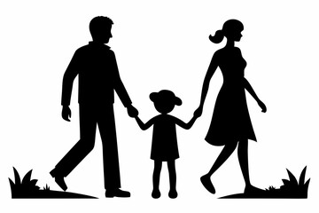 husband wife and kid walking line art silhouette vector illustration