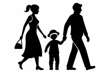 husband wife and kid walking line art silhouette vector illustration
