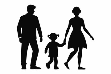 husband wife and kid walking line art silhouette vector illustration