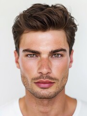 Obraz premium Intense close up portrait of a handsome young man with brown hair and freckles gazing directly into the camera with a neutral expression against a clean white background in studio