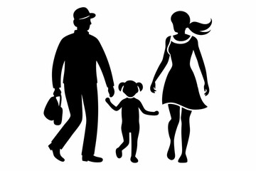husband wife and kid walking line art silhouette vector illustration
