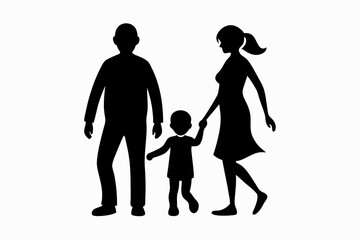 husband wife and kid walking line art silhouette vector illustration