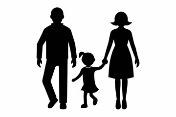 husband wife and kid walking line art silhouette vector illustration