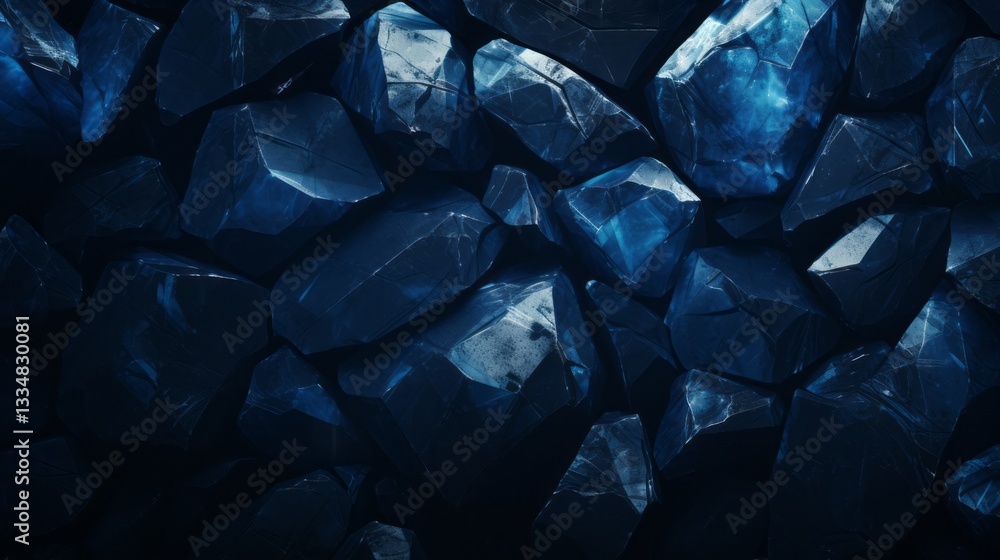 Poster Intense Close Up View of Deep Blue Angular Crystalline Structures with Sharp Edges and Reflective Surfaces Creating a Textured Abstract Background