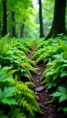 Ferns forming a lush carpet on a mossy forest path, carpet, groundcover