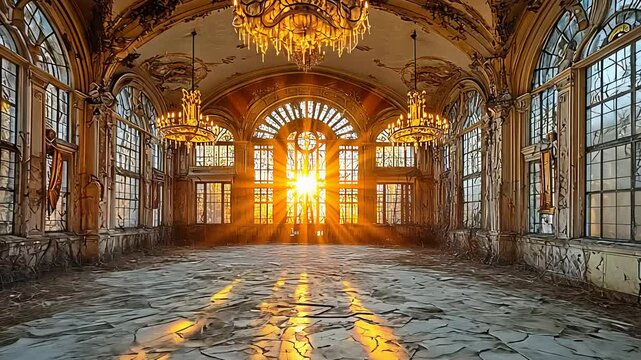 Grand Abandoned Ballroom with Ornate Chandeliers and Tall Windows Illuminated by Dramatic Golden Sunset Light

