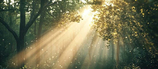 Sunlight Rays Filtering Through Trees in Lush Forest Setting