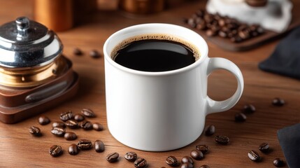 Warm Cup of Coffee with Rustic Grinder Evoking Cozy Morning Vibes