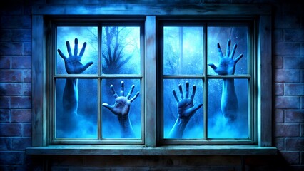 Creepy scene with ghostly blue light with dead men reaching out with their hands outside the window against a night landscape with fog and bare trees. 