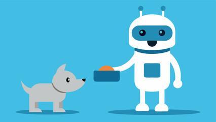Fototapeta premium Robot Pet Feeder A small robot is filling a dogs food bowl with the happy pet eagerly waiting beside it wagging its tail.