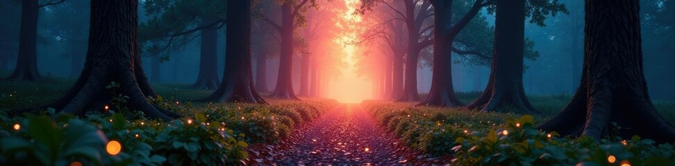 Glowing forest path leads to mystical destination, ambiance, mystical, ethereal