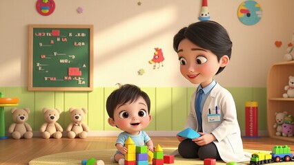 Pediatric Doctor with Child Playing with Blocks in a Playroom, promoting early development and child wellness.