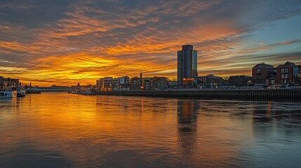 Obraz premium Golden Sunset Over Modern Cityscape, A Moment of Urban Tranquility 