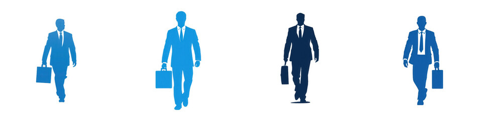 Blue suit, briefcase, walking, dark isolated on white or transparent png