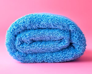 Rolled blue towel, pink background