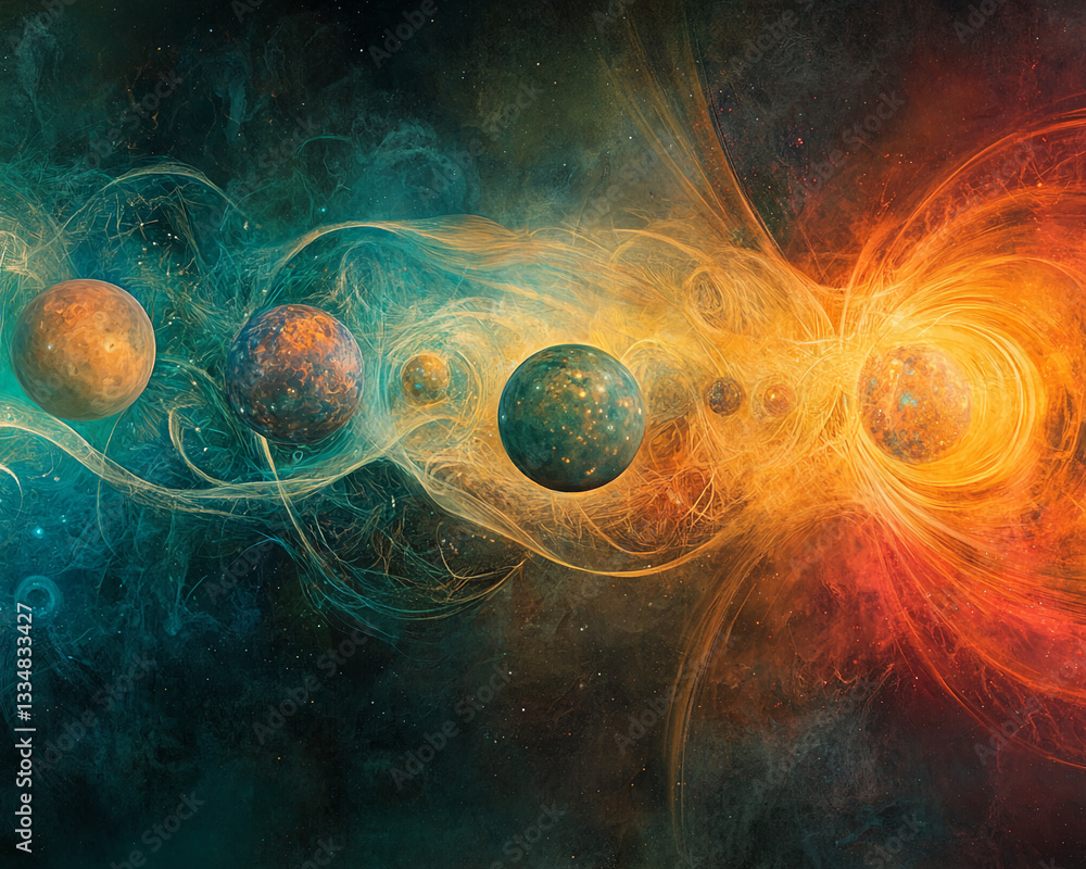 Poster abstract space art depicting planets connected by ethereal strands, showcasing cosmic energy and pla