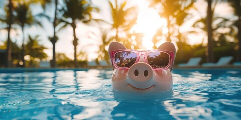 Tranquil pool scene: blue water reflects swaying palms under a sunny sky. A playful piggy bank adds a whimsical touch