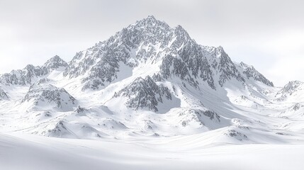 Fototapeta premium Majestic Snow-Covered Mountain Peaks Under Soft Cloudy Sky in Winter Landscape