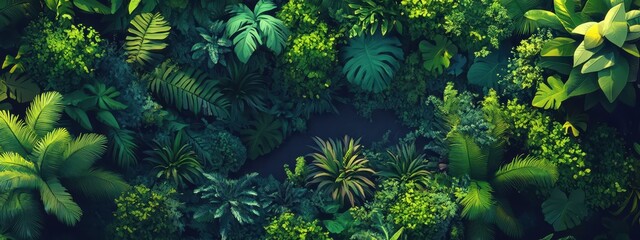 Lush Green Tropical Forest Canopy Overhead Aerial View with Foliage
