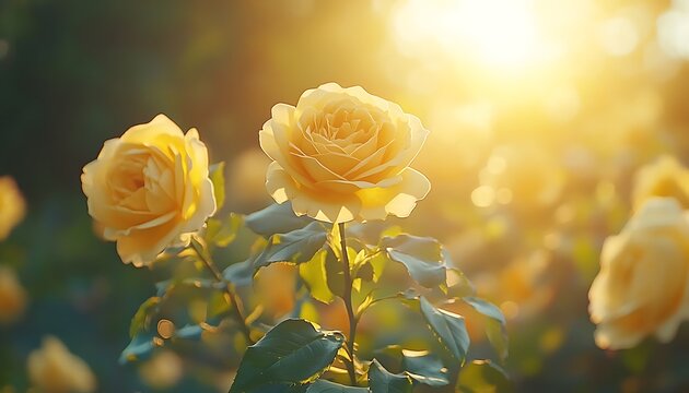 Sunset yellow roses garden