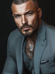 Fototapeta premium Intense portrait of a handsome man with a strong gaze, wearing a stylish suit and displaying intricate tattoos against a dark backdrop