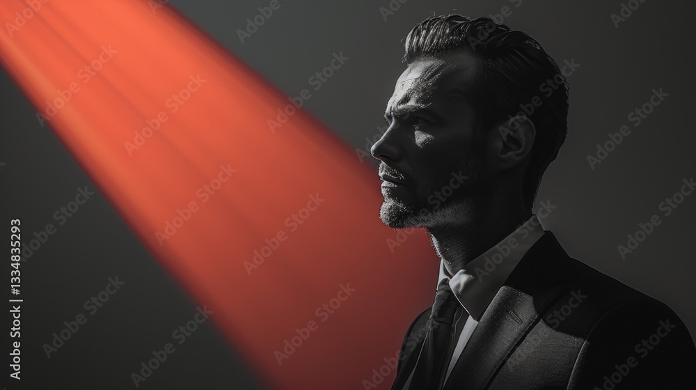 Poster intense profile view of a contemplative businessman in a sharp suit, dramatically illuminated by a b