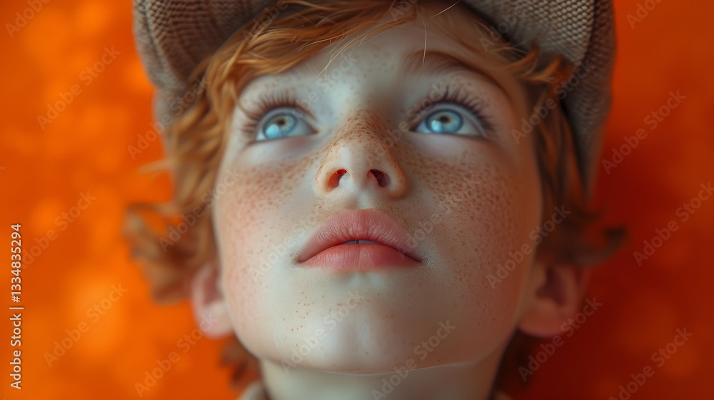 Poster young boy with freckles and cap looking up on orange background rendering