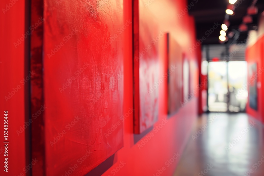 Poster intense red abstract paintings hanging in a modern art gallery create a bold and striking visual exp