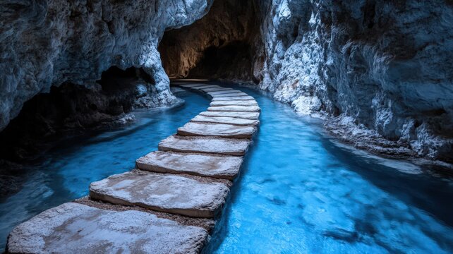 Serene Blue Grotto with Stone Pathway